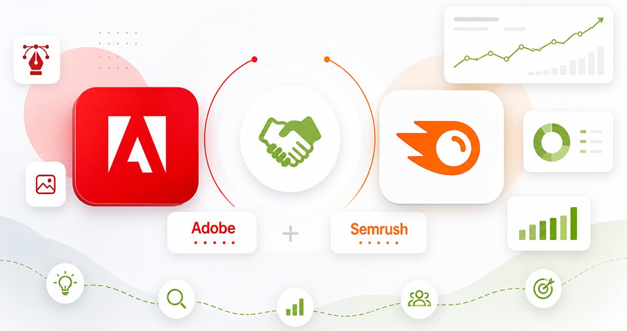 Adobe and Semrush integration concept with digital marketing dashboard visuals
