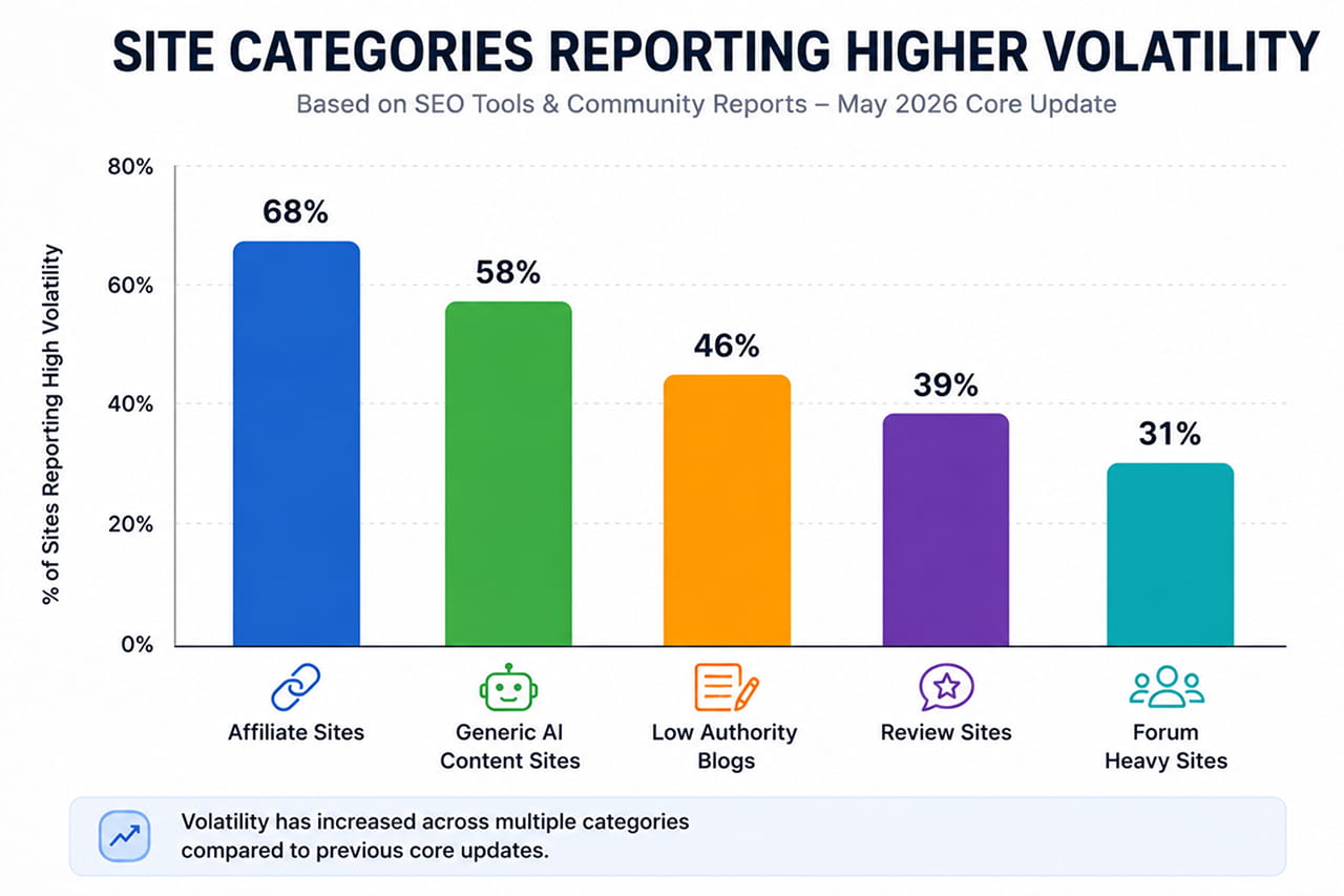 Bar chart showing website categories most affected by May 2026 Google search volatility, with affiliate sites (68%) and AI content sites (58%) reporting the highest impact.